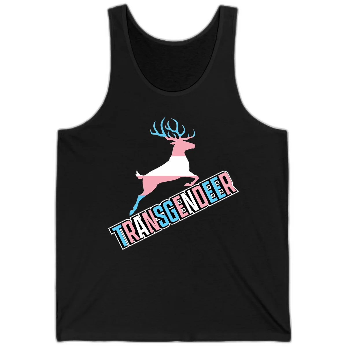 Transgender deer pride design: pink and white deer leaping with blue and pink antlers, 'TRANSGENDER' text banner below in pride colors in Black