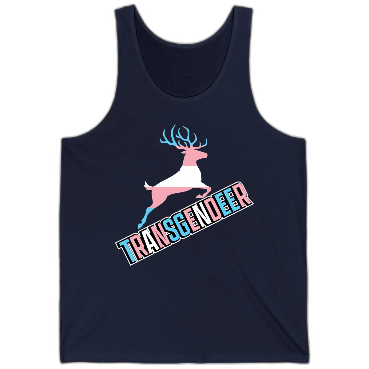 Transgender deer pride design: pink and white deer leaping with blue and pink antlers, 'TRANSGENDER' text banner below in pride colors in Navy