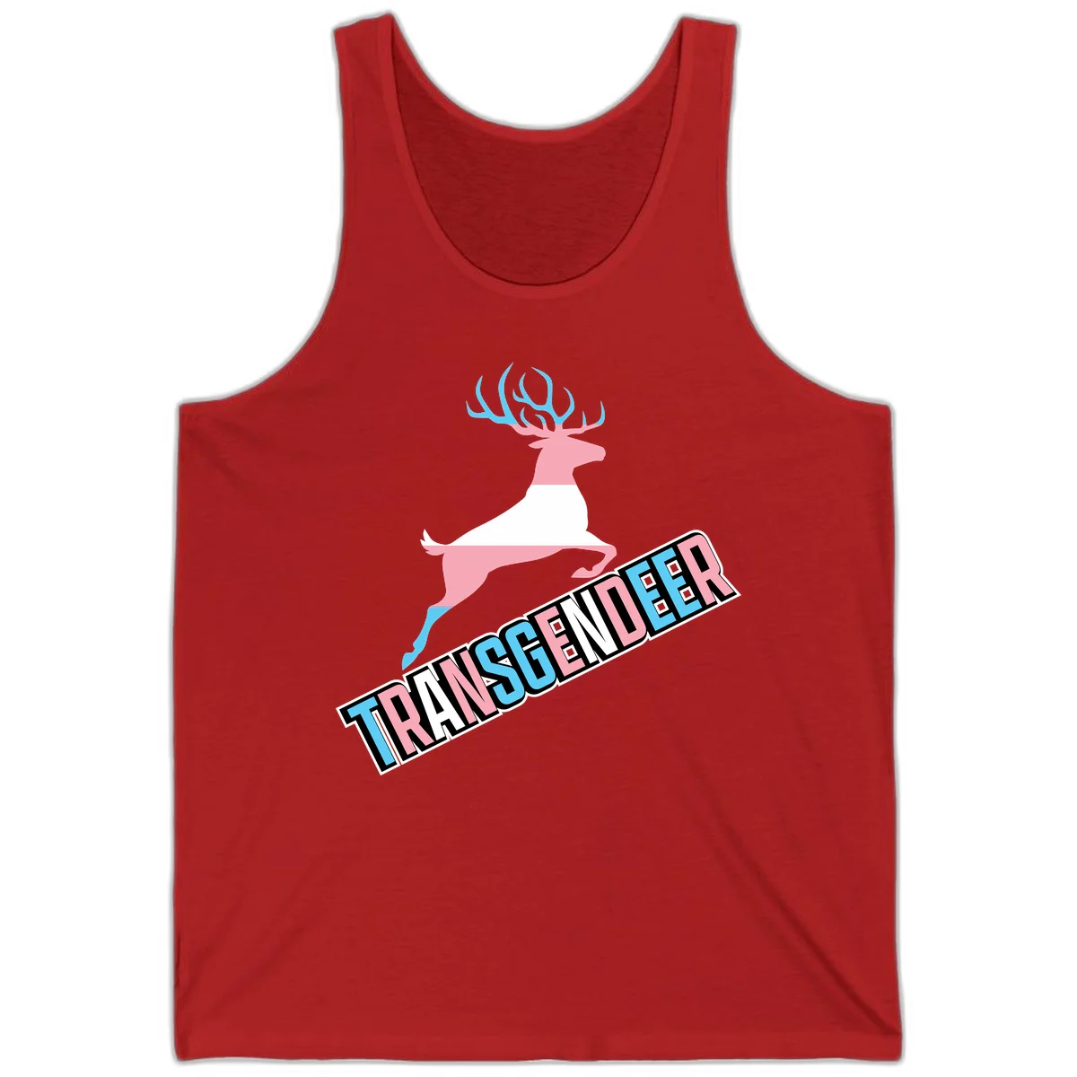 Transgender deer pride design: pink and white deer leaping with blue and pink antlers, 'TRANSGENDER' text banner below in pride colors in Red