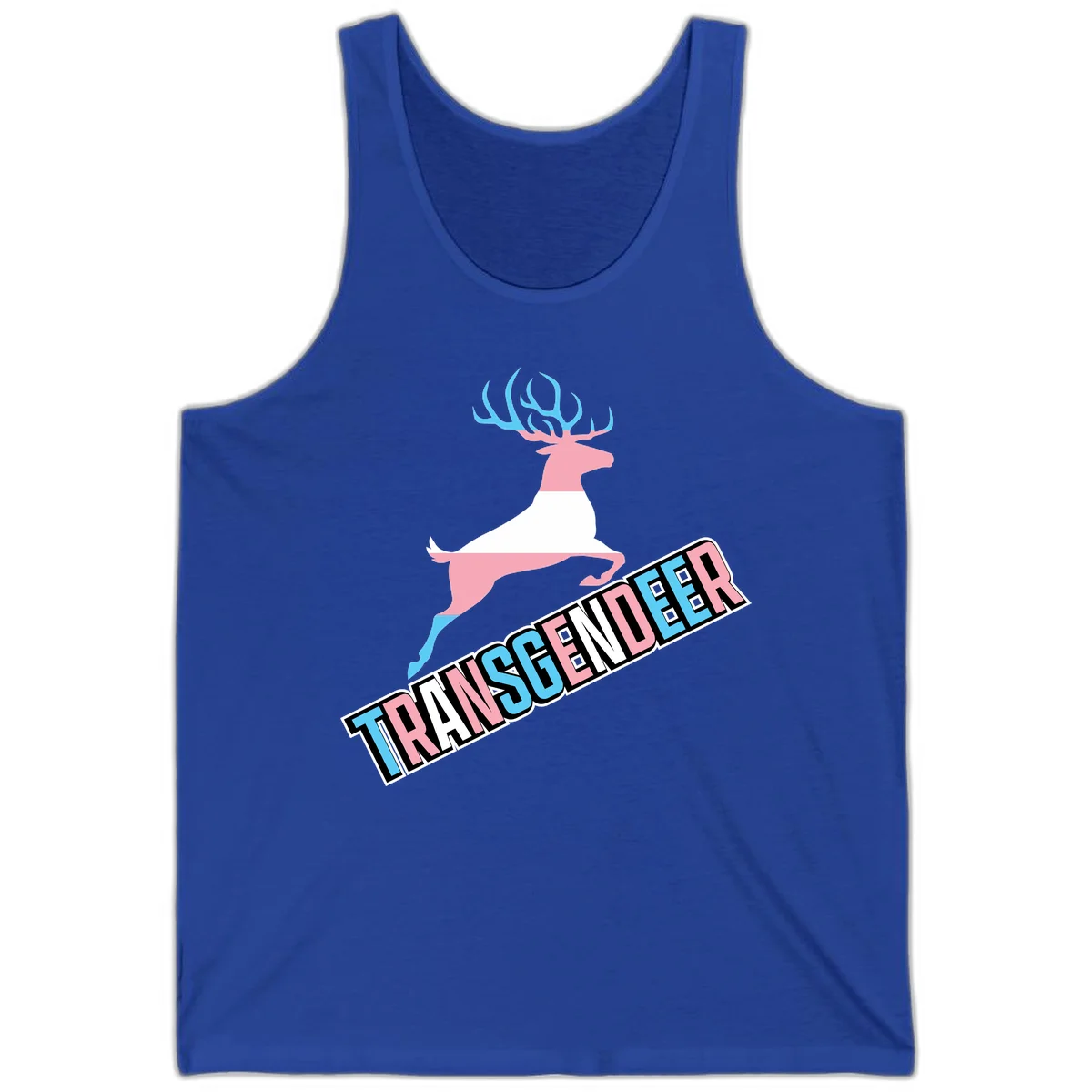 Transgender deer pride design: pink and white deer leaping with blue and pink antlers, 'TRANSGENDER' text banner below in pride colors in True Royal