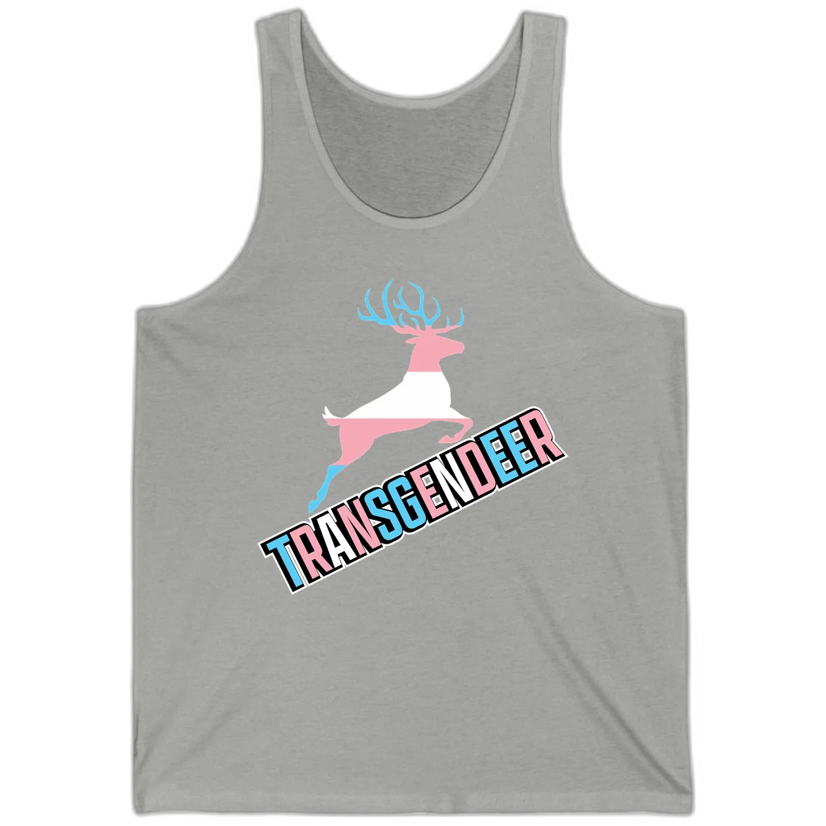 Transgender deer pride design: pink and white deer leaping with blue and pink antlers, 'TRANSGENDER' text banner below in pride colors in Athletic Heather
