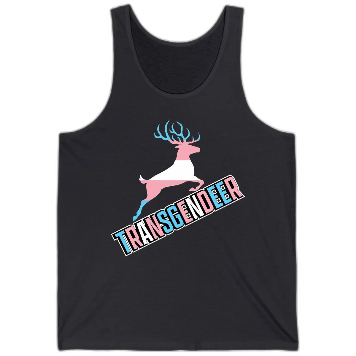 Transgender deer pride design: pink and white deer leaping with blue and pink antlers, 'TRANSGENDER' text banner below in pride colors in Dark Grey