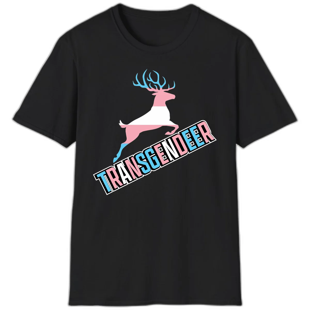 Transgender deer pride design: pink and white deer leaping with blue and pink antlers, 'TRANSGENDER' text banner below in pride colors in Black