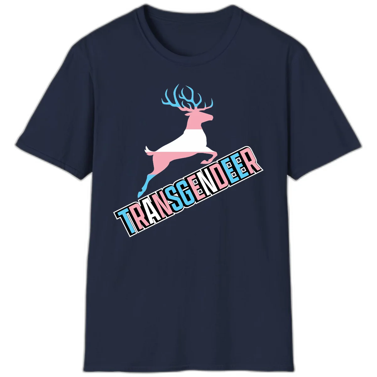 Transgender deer pride design: pink and white deer leaping with blue and pink antlers, 'TRANSGENDER' text banner below in pride colors in Navy