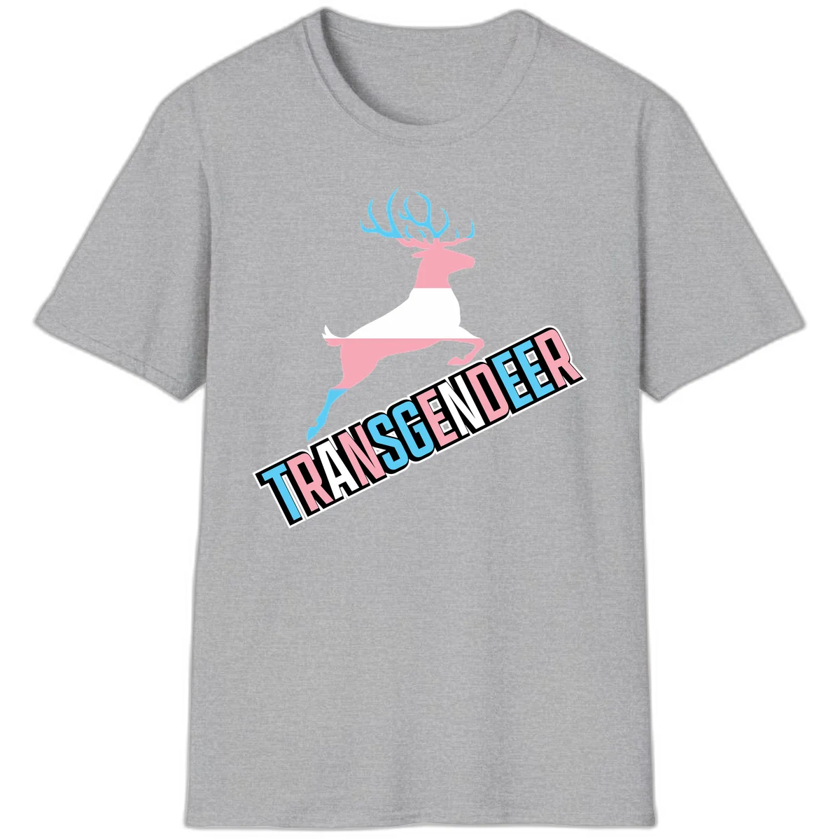Transgender deer pride design: pink and white deer leaping with blue and pink antlers, 'TRANSGENDER' text banner below in pride colors in Sport Grey