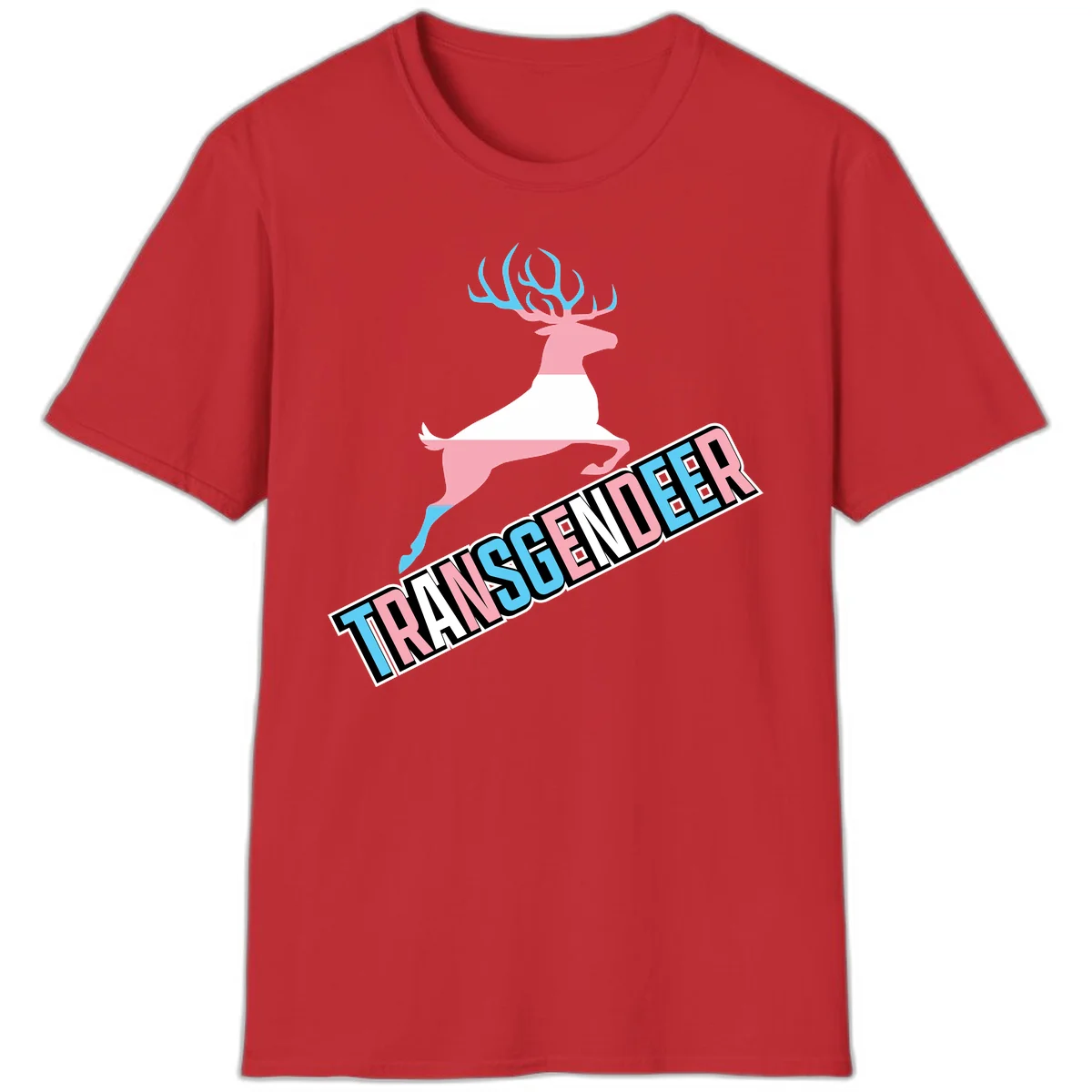 Transgender deer pride design: pink and white deer leaping with blue and pink antlers, 'TRANSGENDER' text banner below in pride colors in Red
