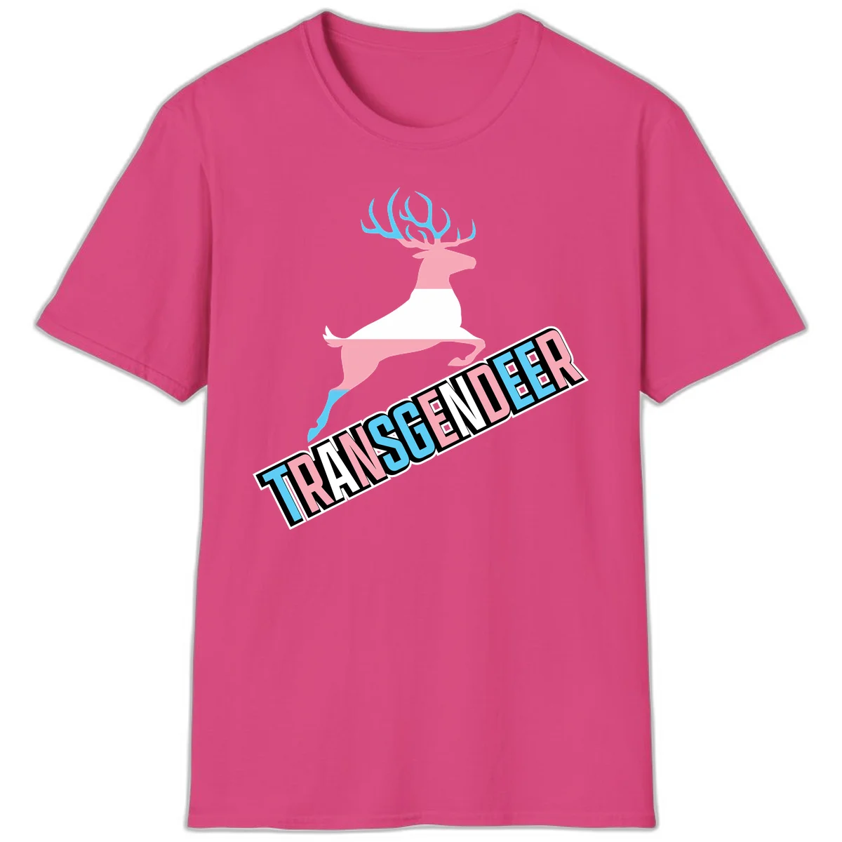Transgender deer pride design: pink and white deer leaping with blue and pink antlers, 'TRANSGENDER' text banner below in pride colors in Heliconia