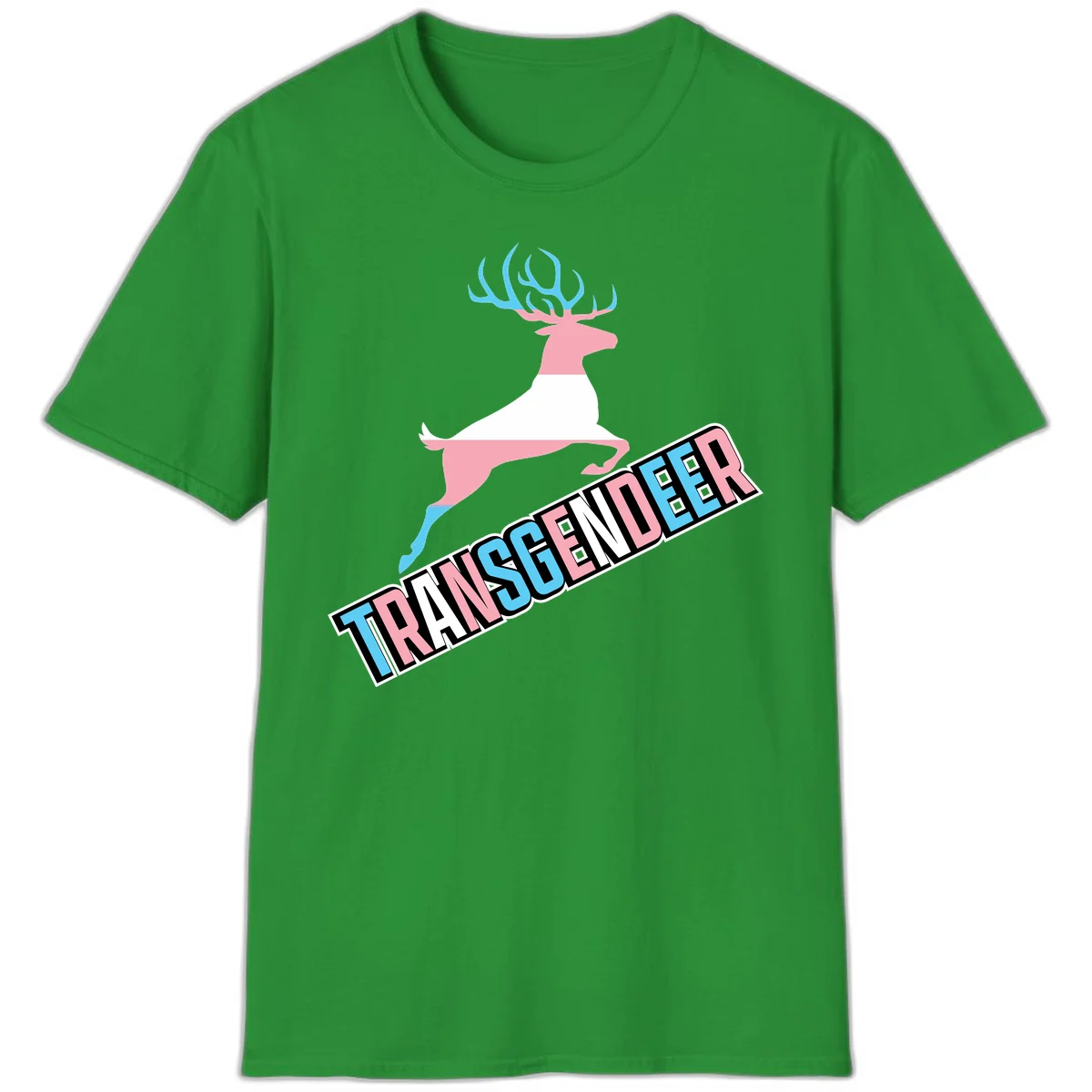 Transgender deer pride design: pink and white deer leaping with blue and pink antlers, 'TRANSGENDER' text banner below in pride colors in Irish Green