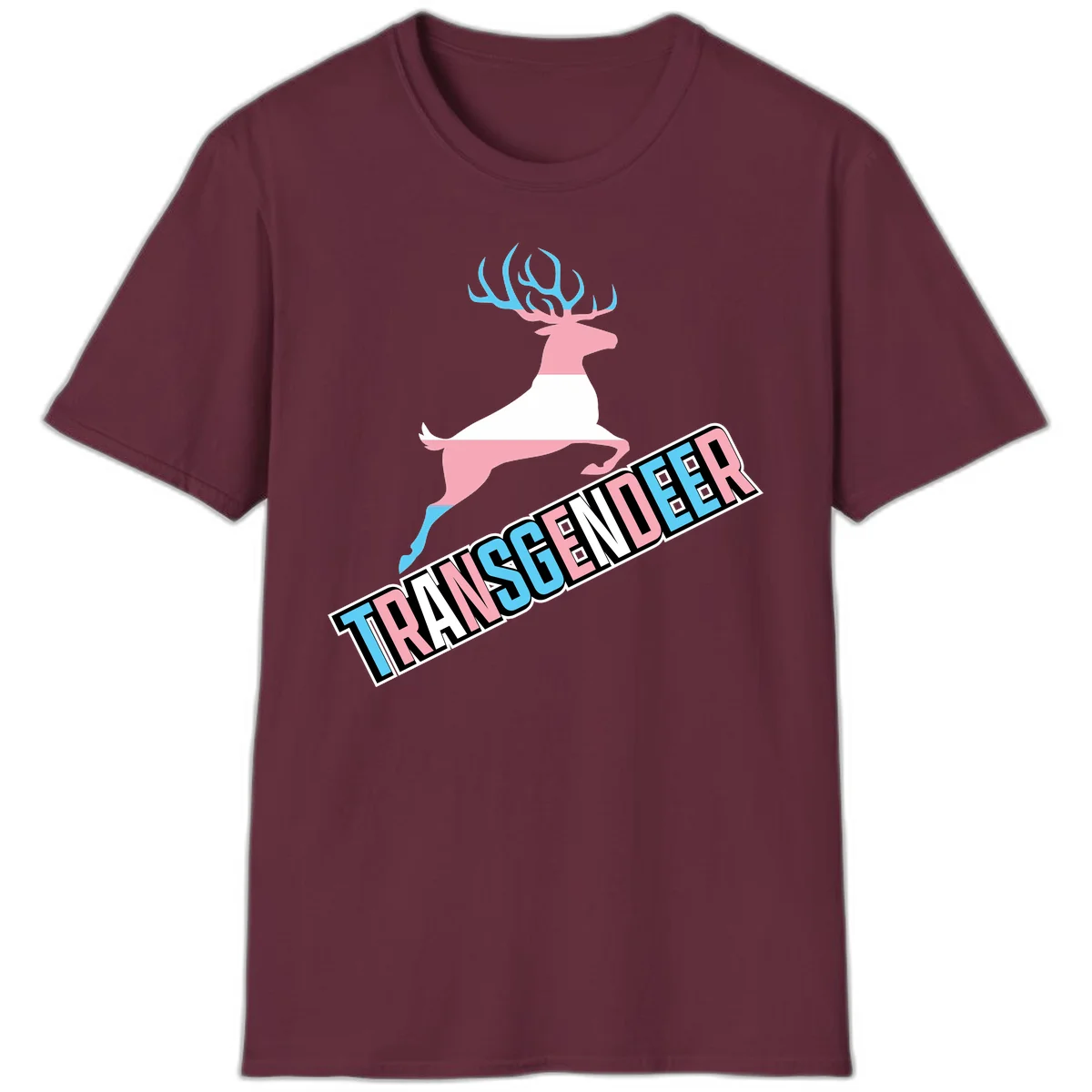 Transgender deer pride design: pink and white deer leaping with blue and pink antlers, 'TRANSGENDER' text banner below in pride colors in Maroon