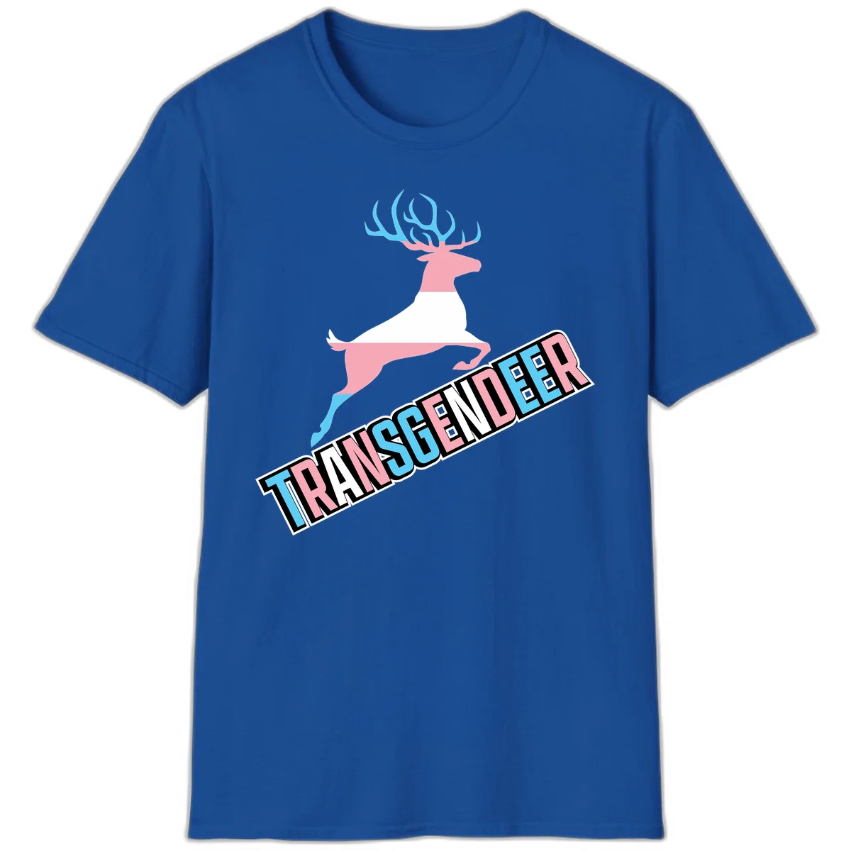 Transgender deer pride design: pink and white deer leaping with blue and pink antlers, 'TRANSGENDER' text banner below in pride colors in Royal