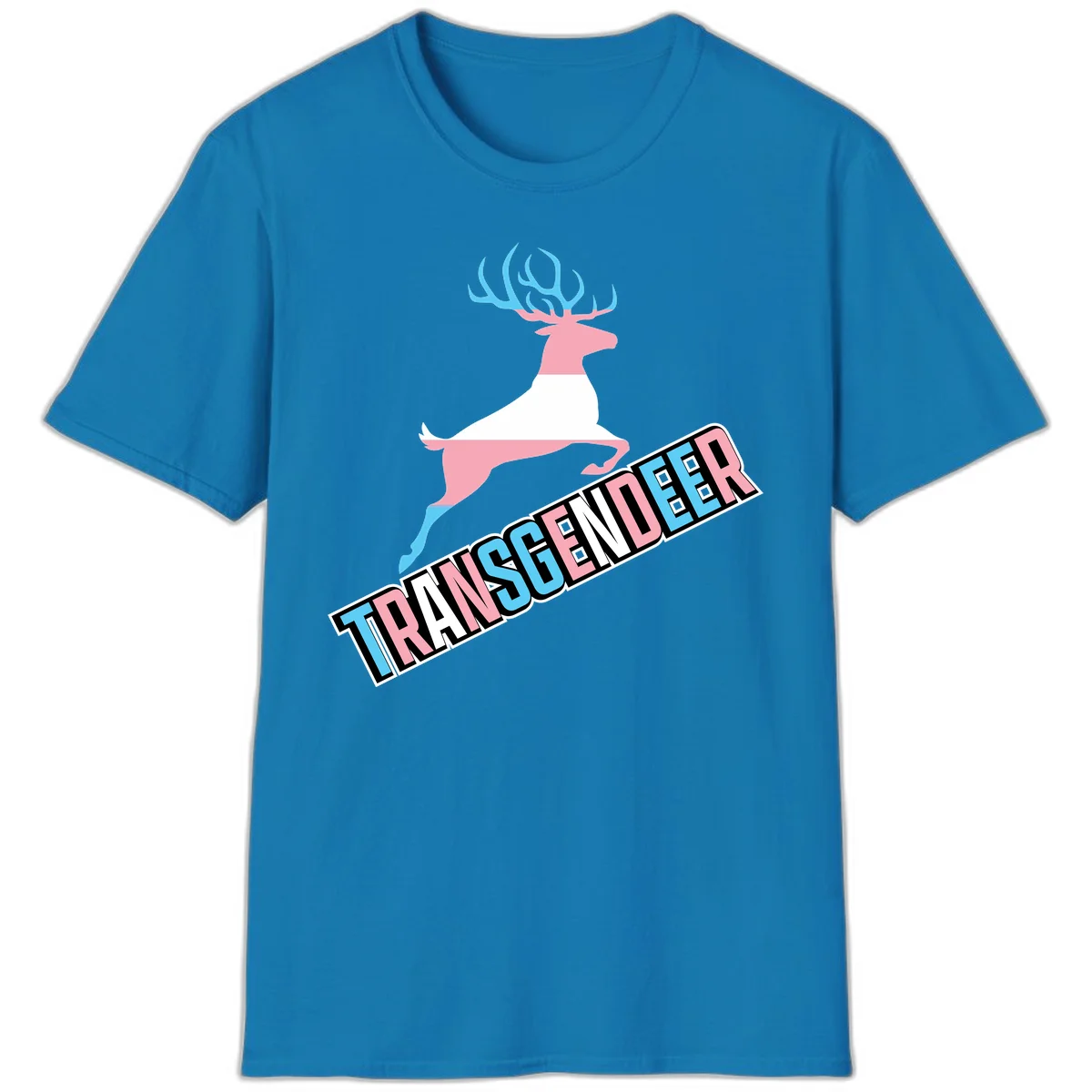 Transgender deer pride design: pink and white deer leaping with blue and pink antlers, 'TRANSGENDER' text banner below in pride colors in Sapphire
