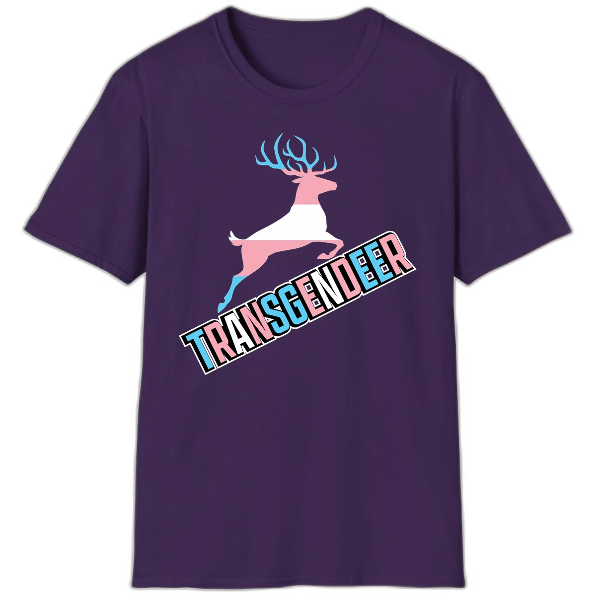 Transgender deer pride design: pink and white deer leaping with blue and pink antlers, 'TRANSGENDER' text banner below in pride colors in Purple