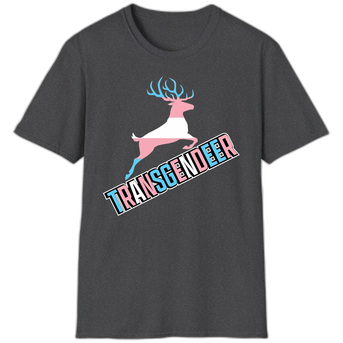 Transgender deer pride design: pink and white deer leaping with blue and pink antlers, 'TRANSGENDER' text banner below in pride colors in Dark Heather