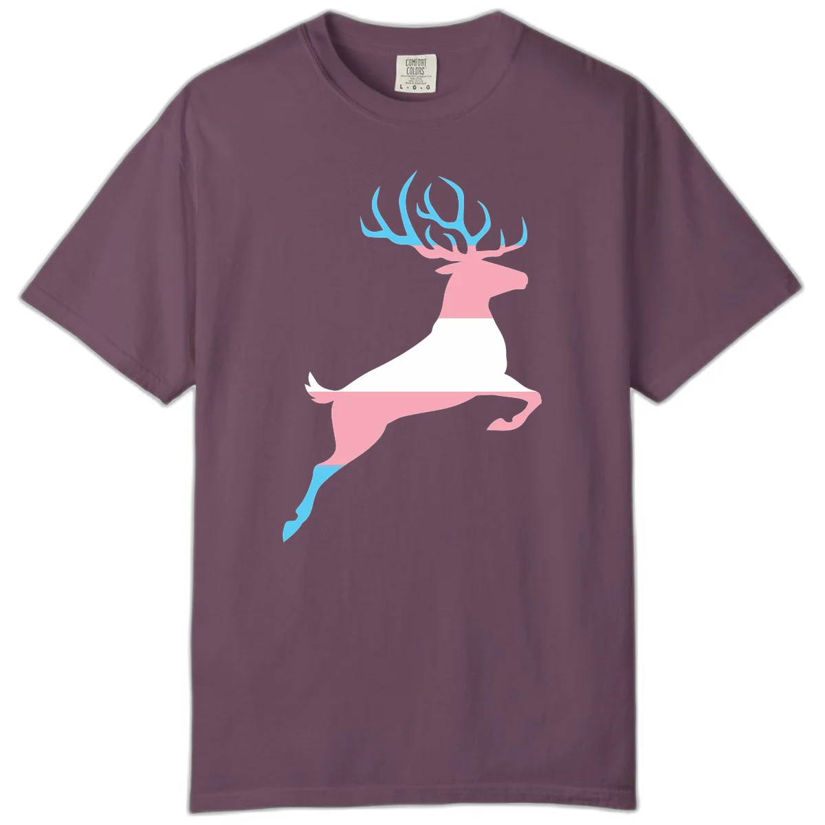 Stylized pink stag with gradient blue antlers leaping against gray background, modern minimalist design in Berry