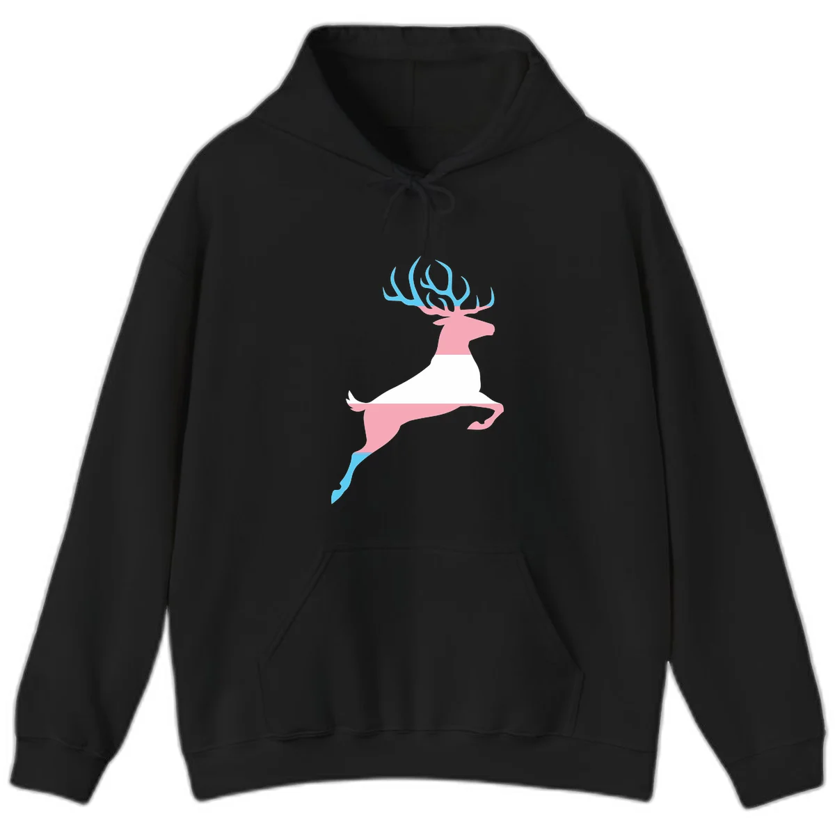 Stylized pink stag with gradient blue antlers leaping against gray background, modern minimalist design in Black