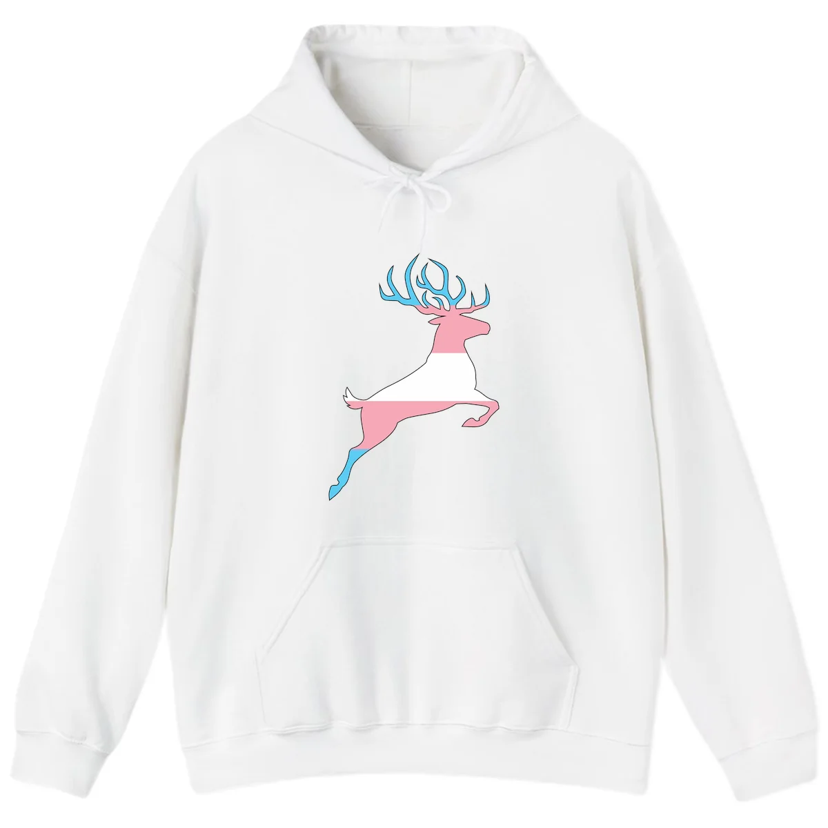Stylized pink stag with gradient blue antlers leaping against gray background, modern minimalist design in White