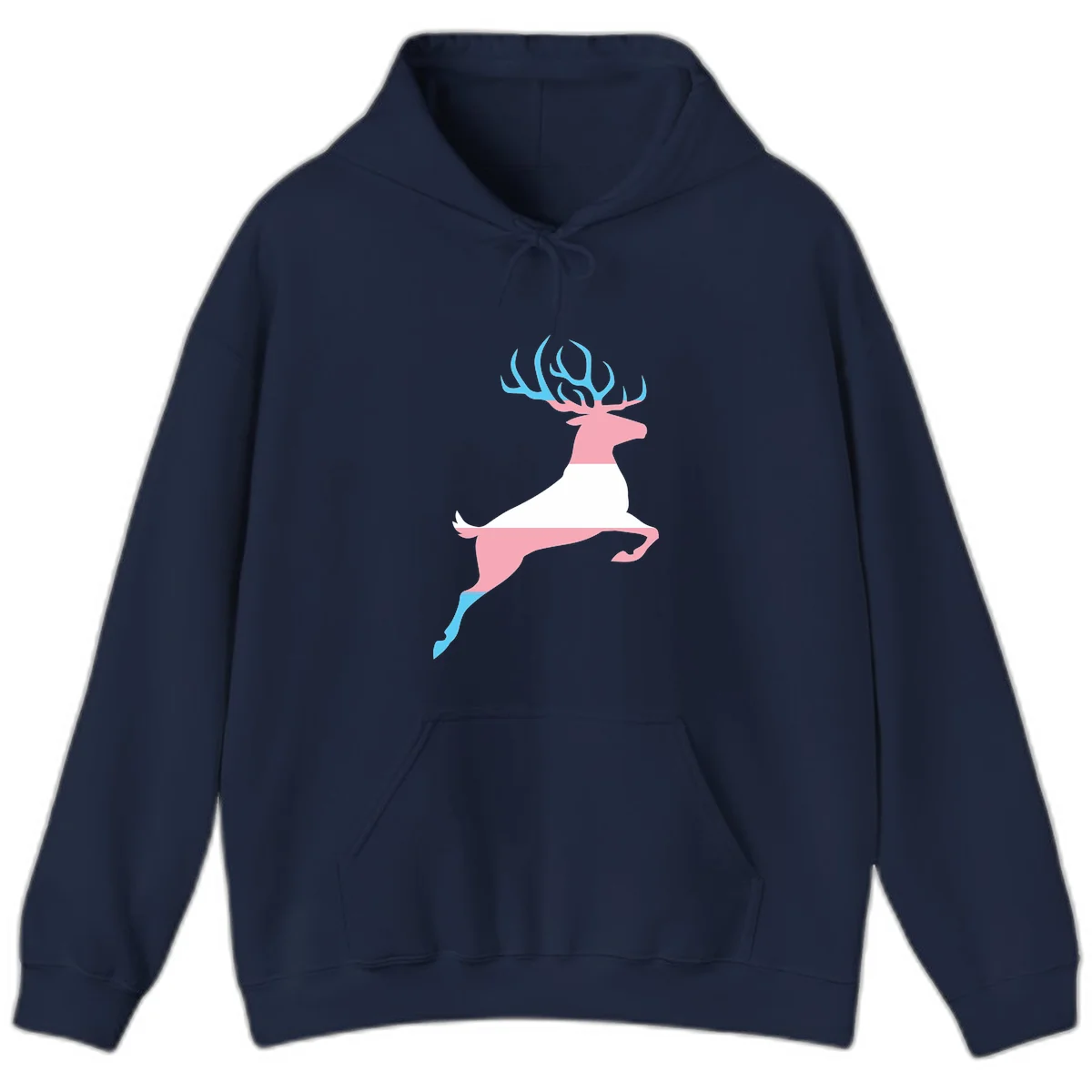 Stylized pink stag with gradient blue antlers leaping against gray background, modern minimalist design in Navy