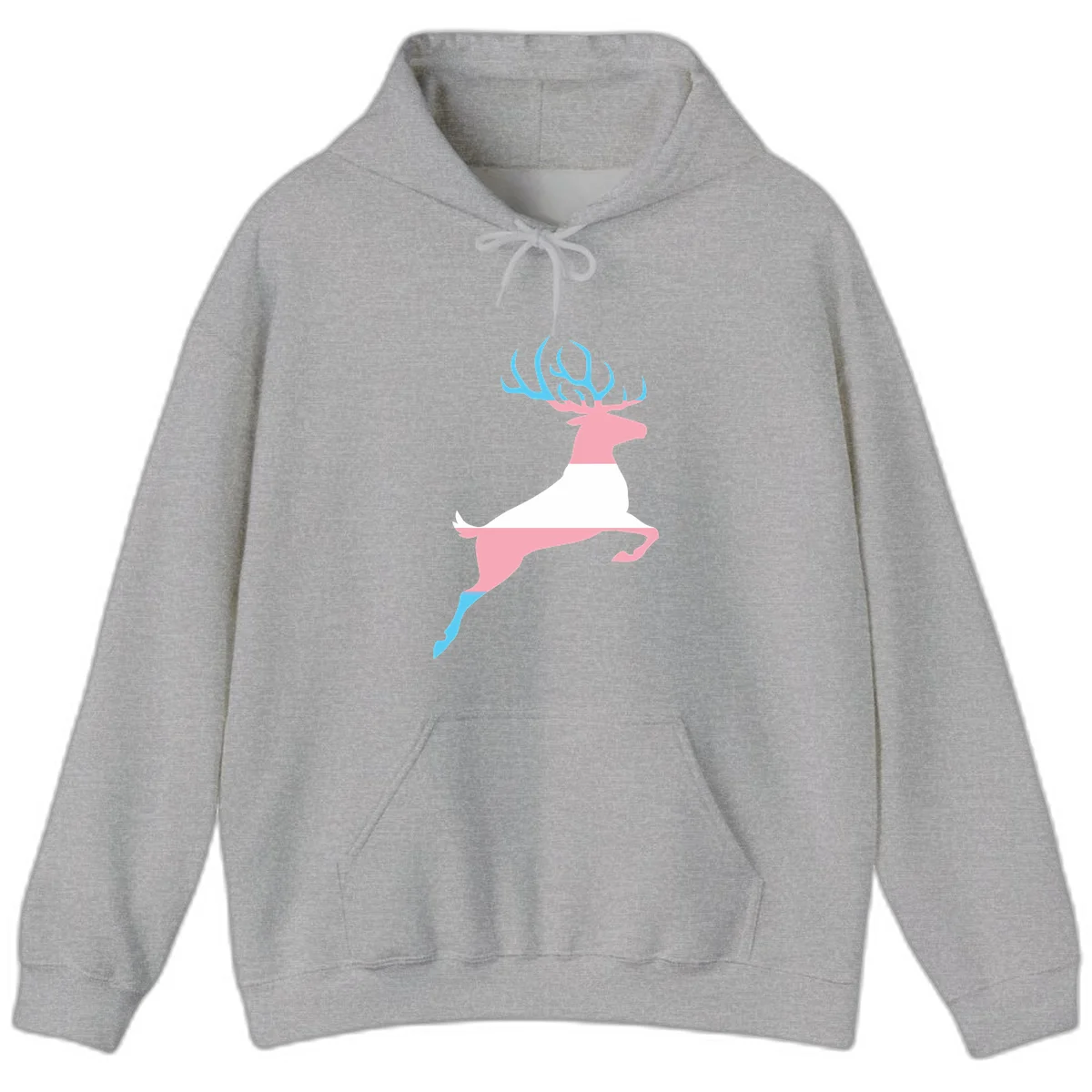 Stylized pink stag with gradient blue antlers leaping against gray background, modern minimalist design in Sport Grey