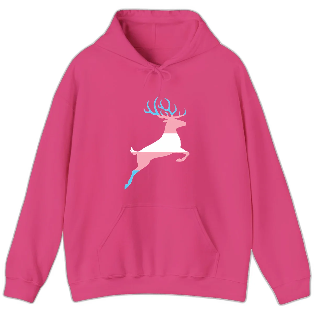 Stylized pink stag with gradient blue antlers leaping against gray background, modern minimalist design in Heliconia