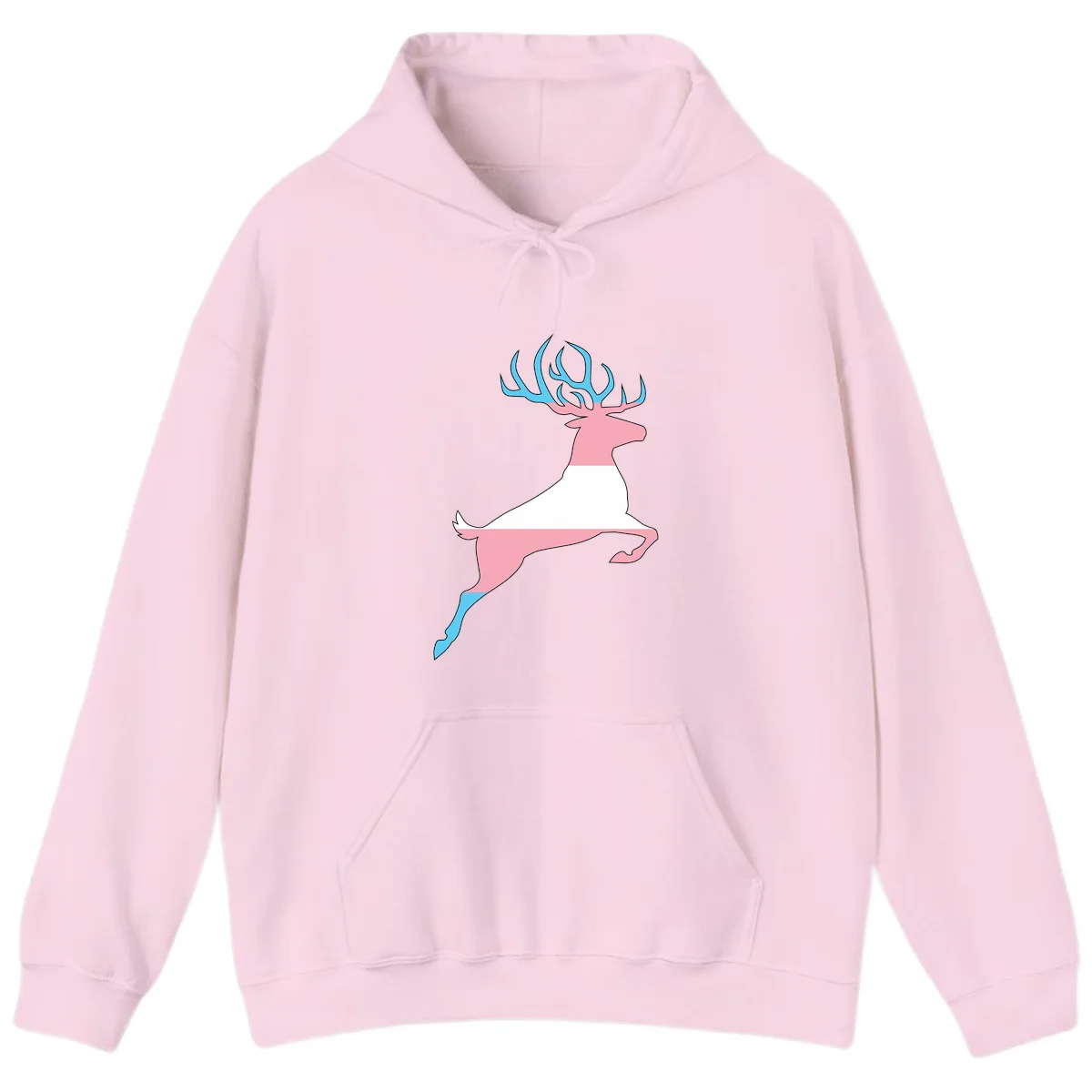 Stylized pink stag with gradient blue antlers leaping against gray background, modern minimalist design in Light Pink