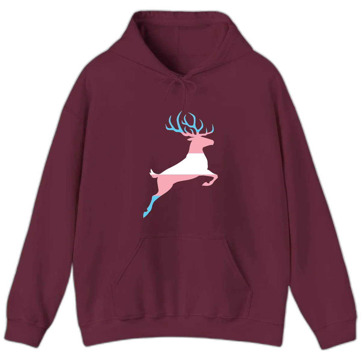 Stylized pink stag with gradient blue antlers leaping against gray background, modern minimalist design in Maroon