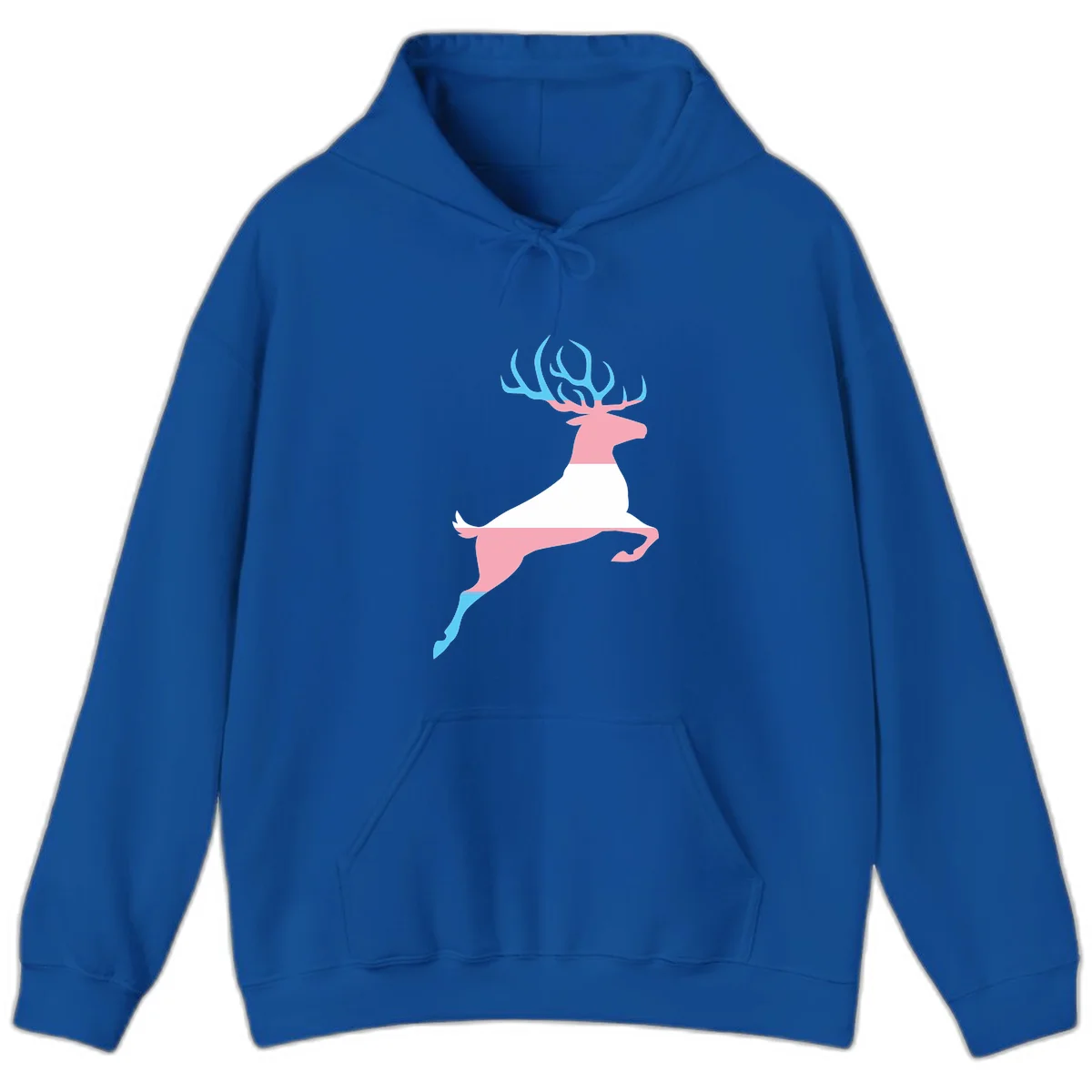 Stylized pink stag with gradient blue antlers leaping against gray background, modern minimalist design in Royal