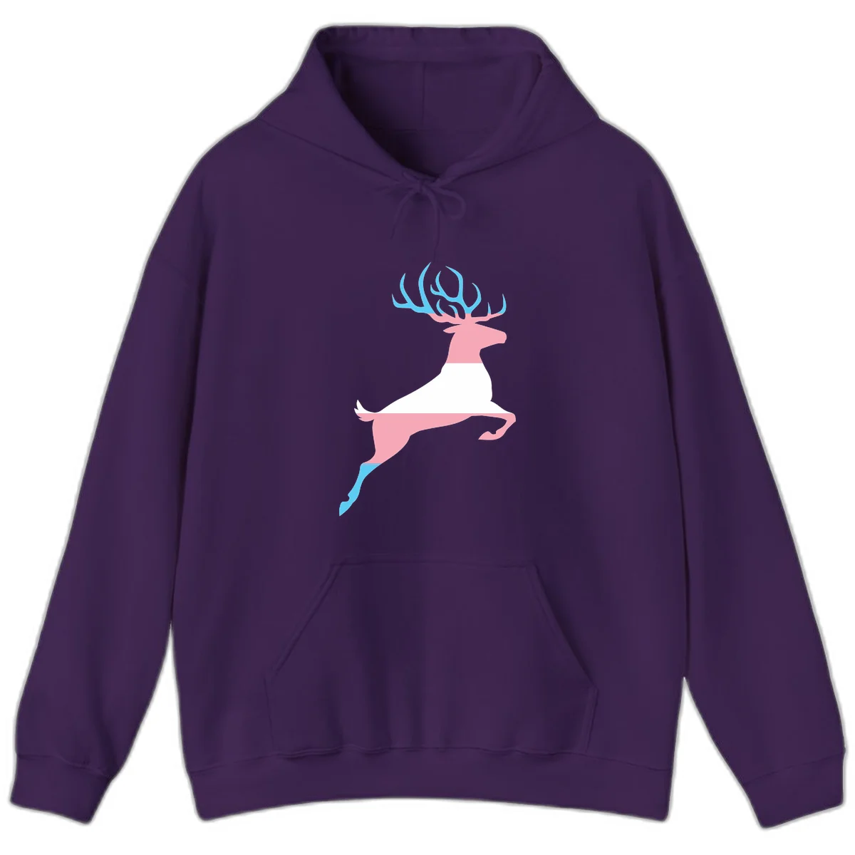 Stylized pink stag with gradient blue antlers leaping against gray background, modern minimalist design in Purple