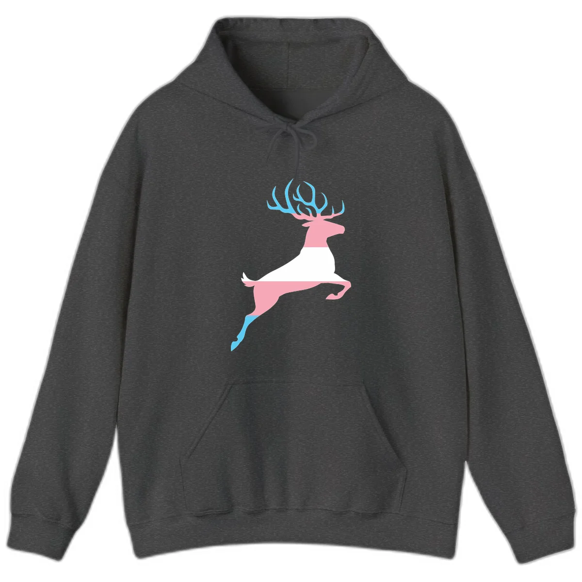 Stylized pink stag with gradient blue antlers leaping against gray background, modern minimalist design in Dark Heather