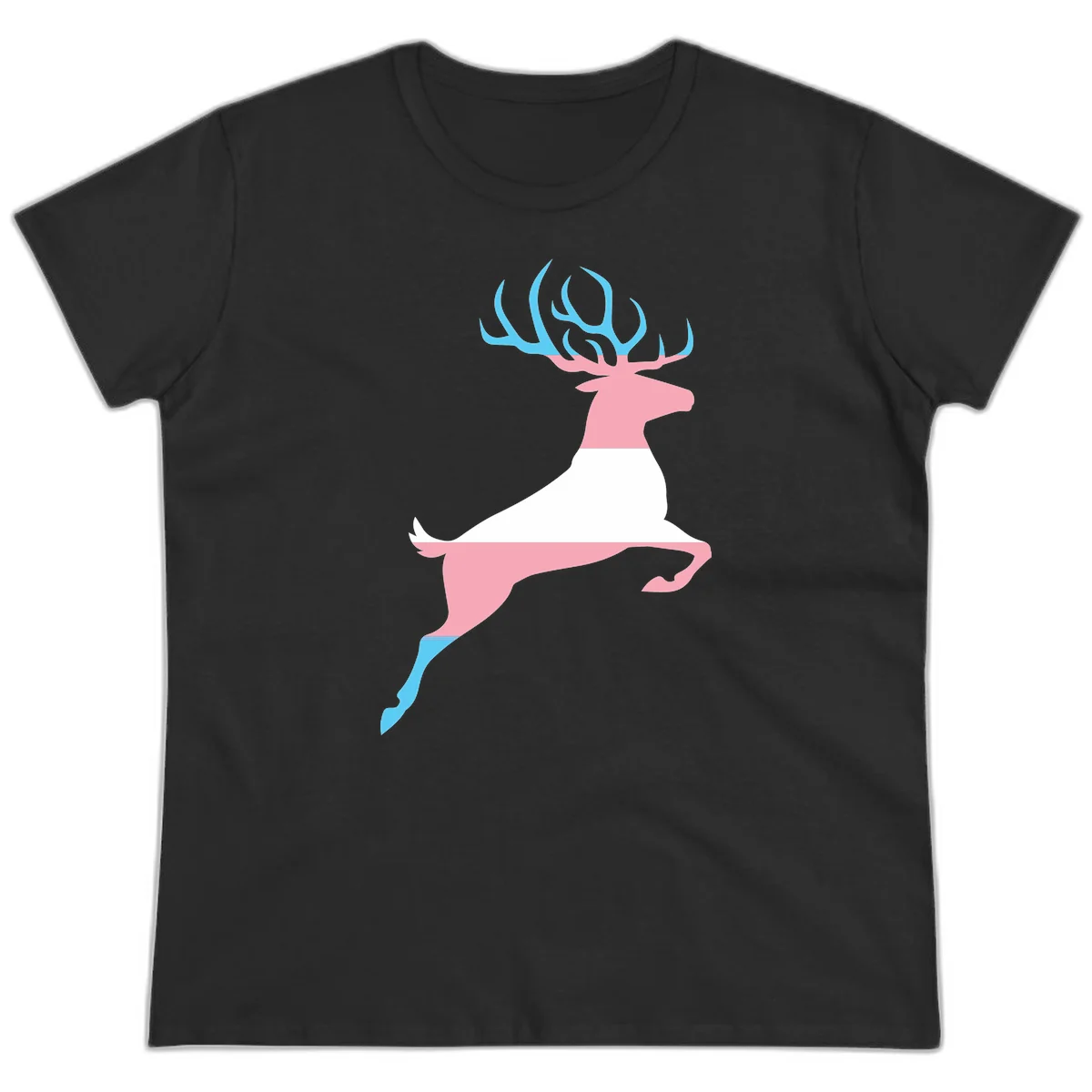 Stylized pink stag with gradient blue antlers leaping against gray background, modern minimalist design in Black