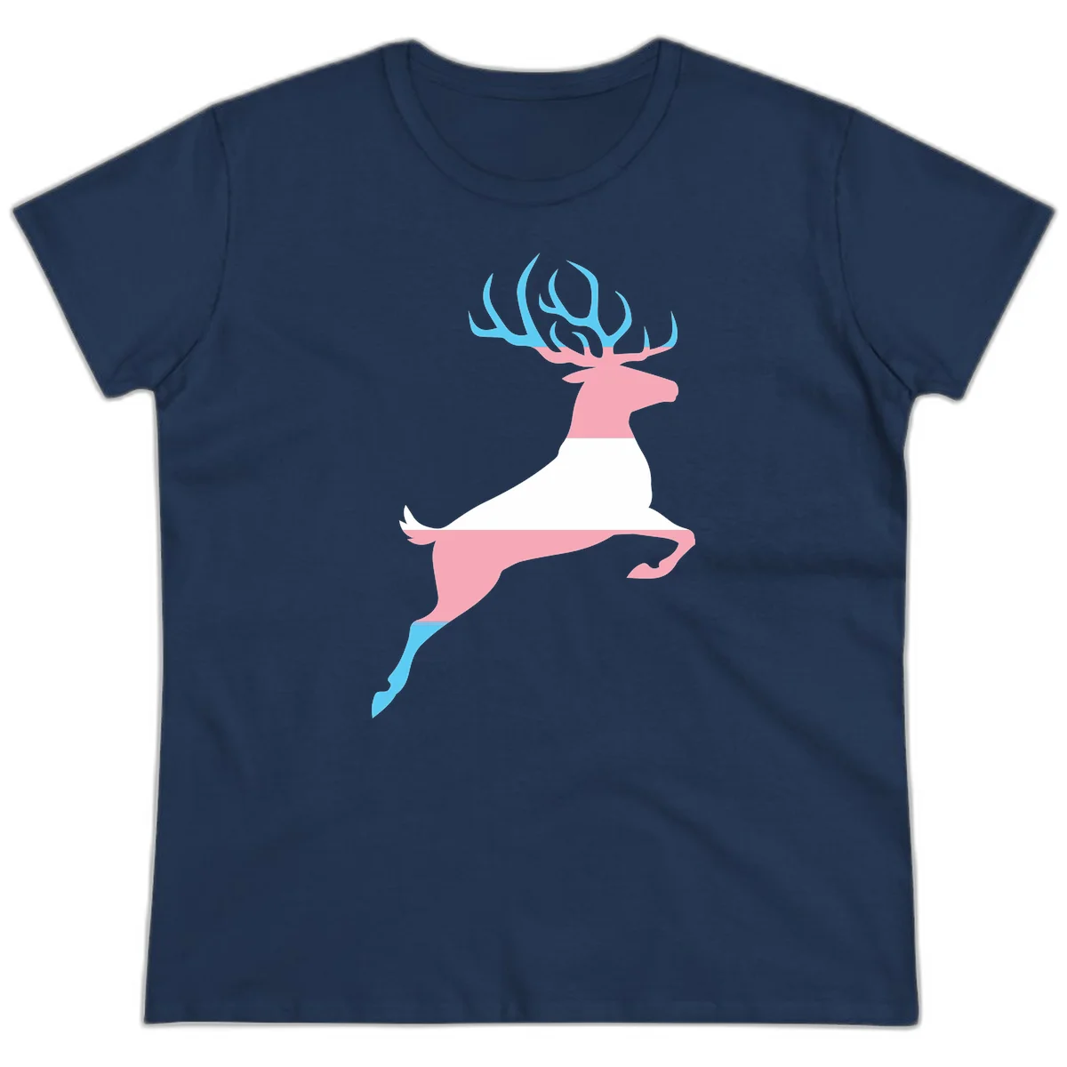 Stylized pink stag with gradient blue antlers leaping against gray background, modern minimalist design in Navy