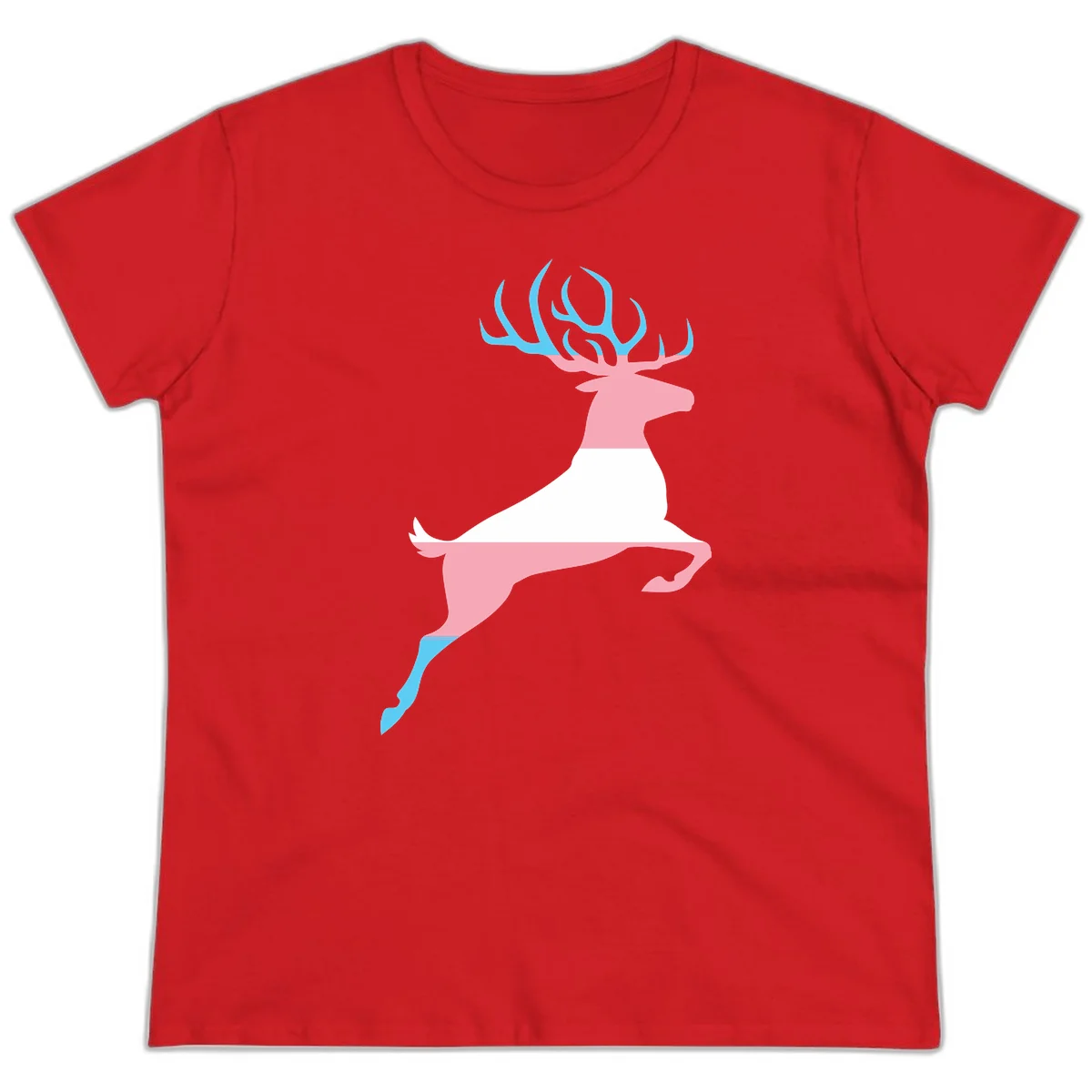 Stylized pink stag with gradient blue antlers leaping against gray background, modern minimalist design in Red
