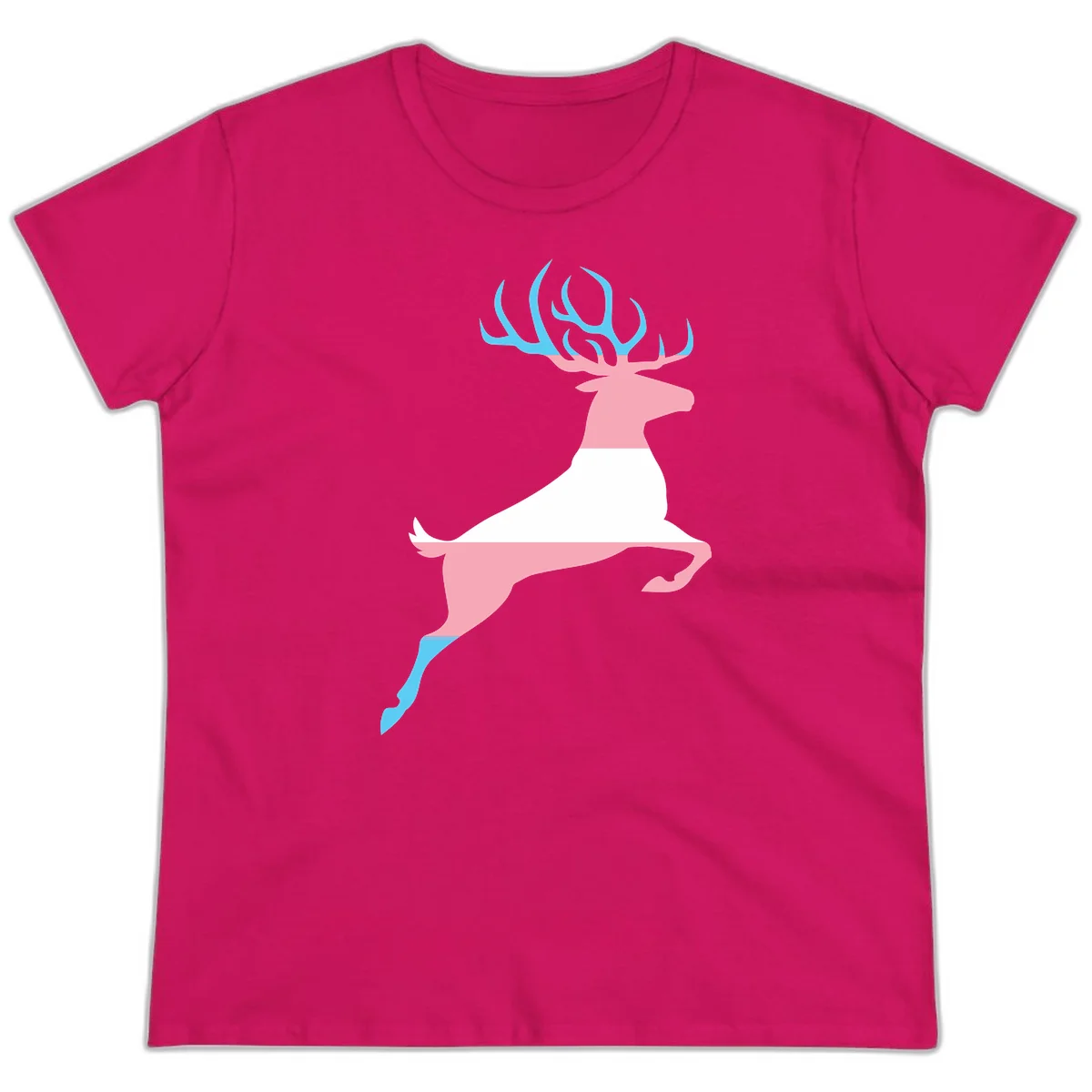 Stylized pink stag with gradient blue antlers leaping against gray background, modern minimalist design in Heliconia