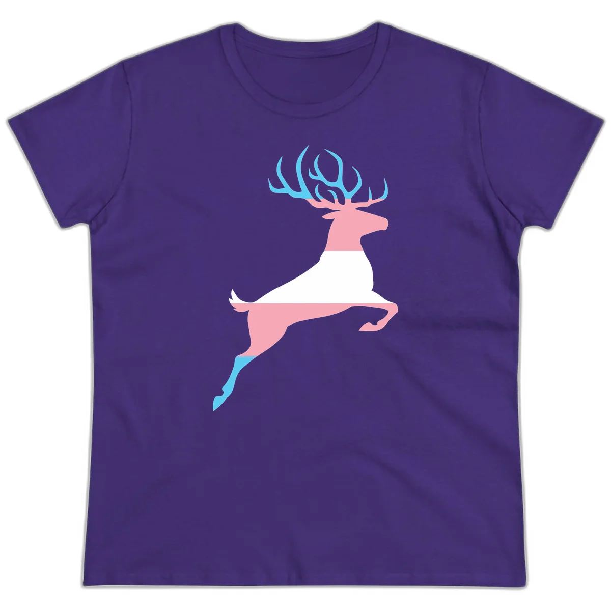 Stylized pink stag with gradient blue antlers leaping against gray background, modern minimalist design in Purple