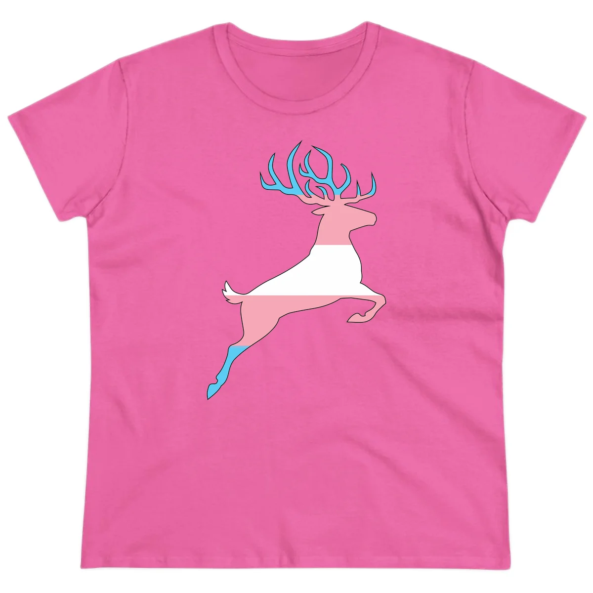 Stylized pink stag with gradient blue antlers leaping against gray background, modern minimalist design in Azalea