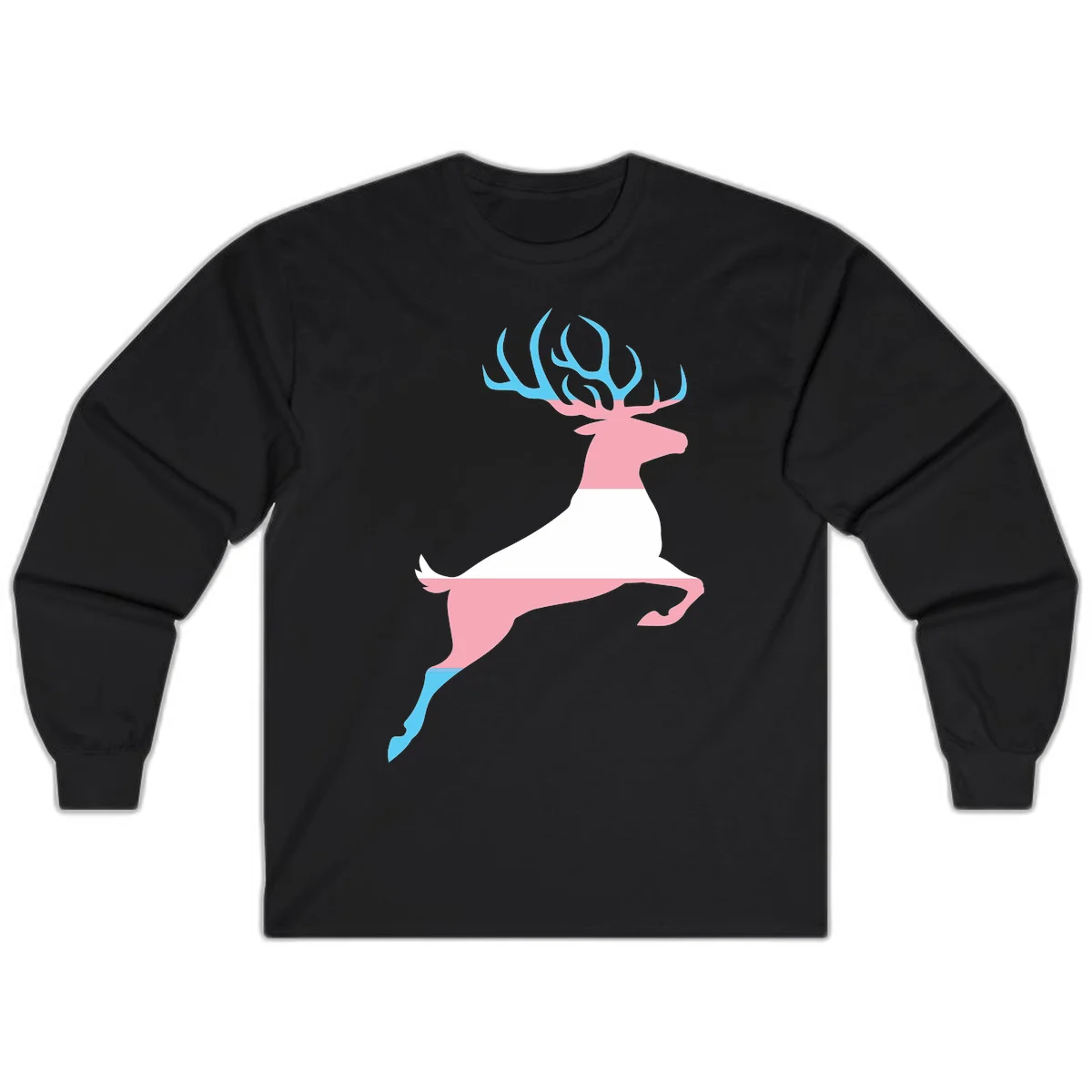 Stylized pink stag with gradient blue antlers leaping against gray background, modern minimalist design in Black