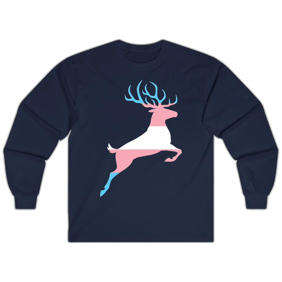 Stylized pink stag with gradient blue antlers leaping against gray background, modern minimalist design in Navy