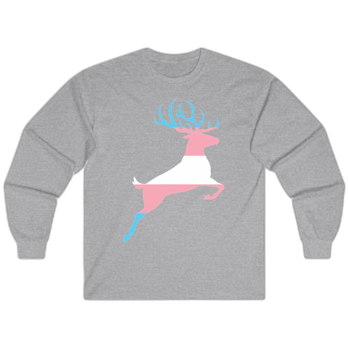 Stylized pink stag with gradient blue antlers leaping against gray background, modern minimalist design in Sport Grey