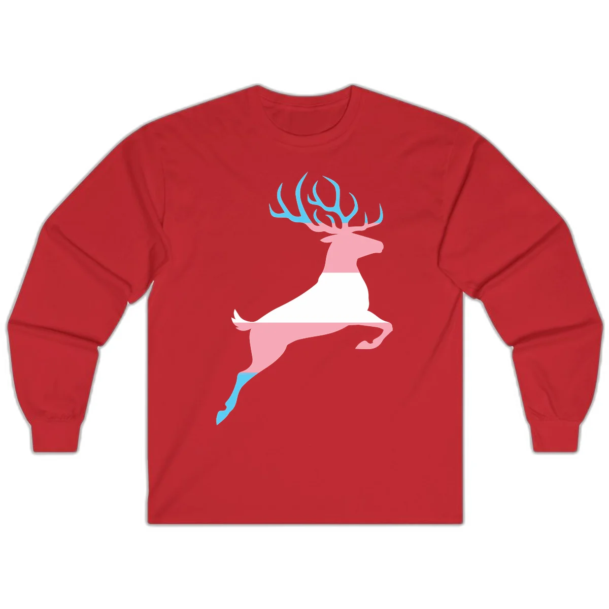 Stylized pink stag with gradient blue antlers leaping against gray background, modern minimalist design in Red