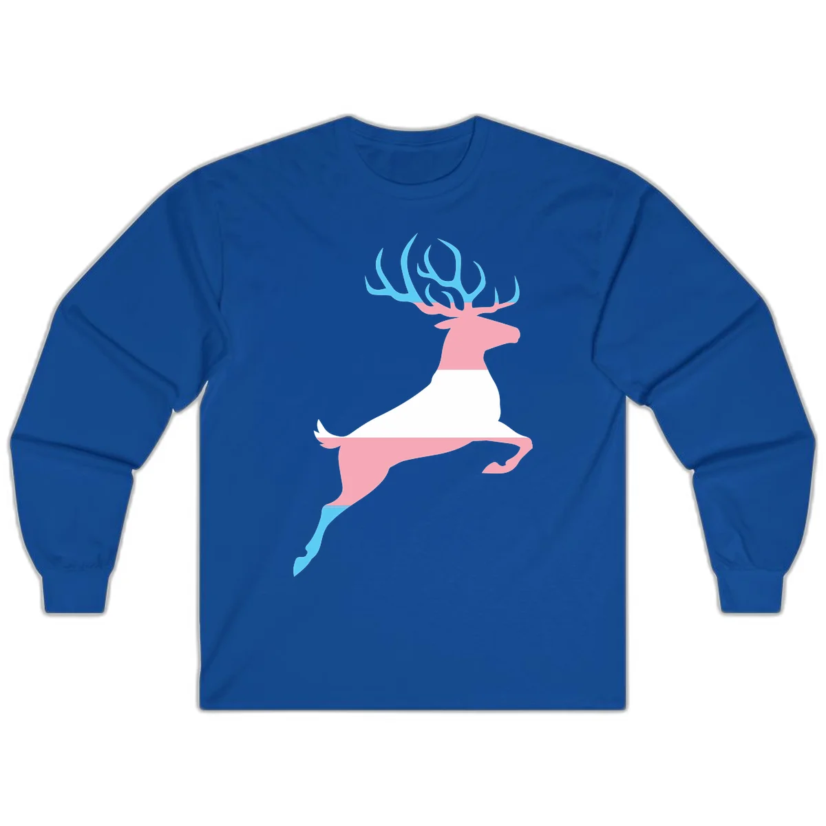 Stylized pink stag with gradient blue antlers leaping against gray background, modern minimalist design in Royal