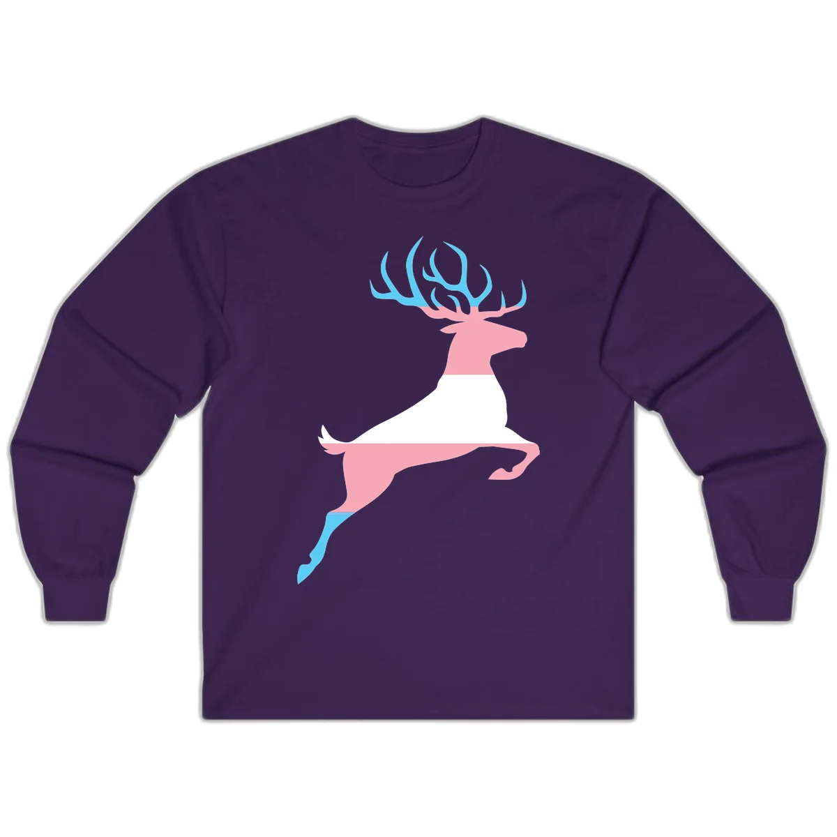 Stylized pink stag with gradient blue antlers leaping against gray background, modern minimalist design in Purple