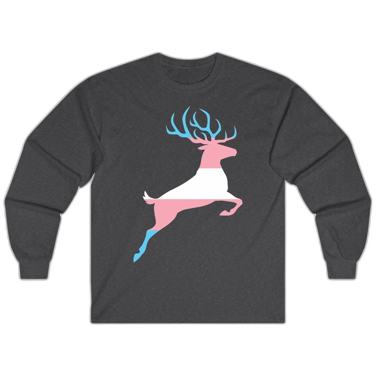 Stylized pink stag with gradient blue antlers leaping against gray background, modern minimalist design in Dark Heather