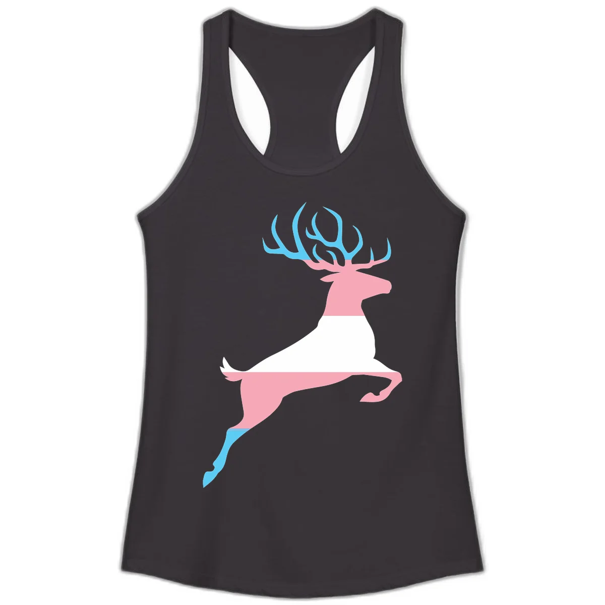 Stylized pink stag with gradient blue antlers leaping against gray background, modern minimalist design in Black