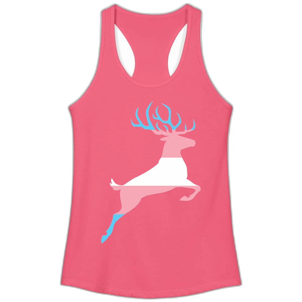 Stylized pink stag with gradient blue antlers leaping against gray background, modern minimalist design in Hot Pink