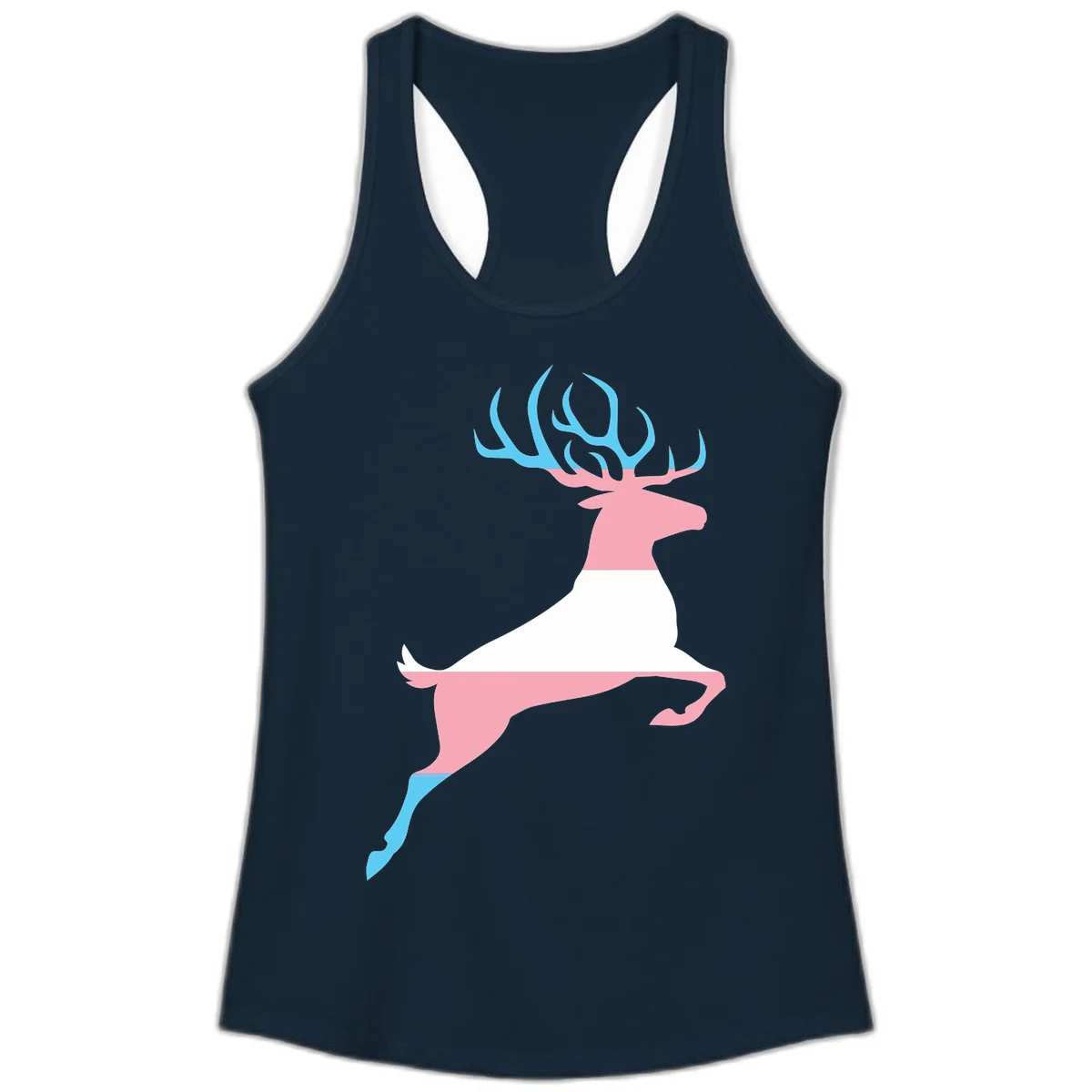 Stylized pink stag with gradient blue antlers leaping against gray background, modern minimalist design in Solid Midnight Navy