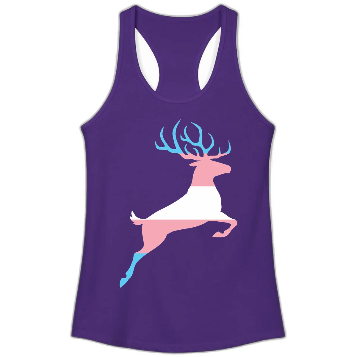 Stylized pink stag with gradient blue antlers leaping against gray background, modern minimalist design in Solid Purple Rush