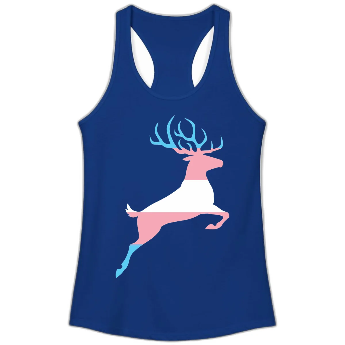 Stylized pink stag with gradient blue antlers leaping against gray background, modern minimalist design in Solid Royal