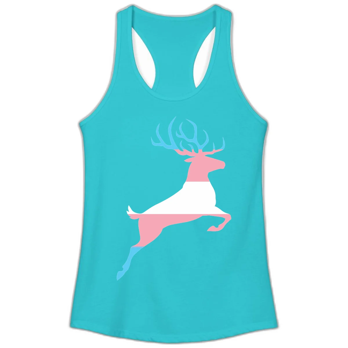 Stylized pink stag with gradient blue antlers leaping against gray background, modern minimalist design in Solid Tahiti Blue