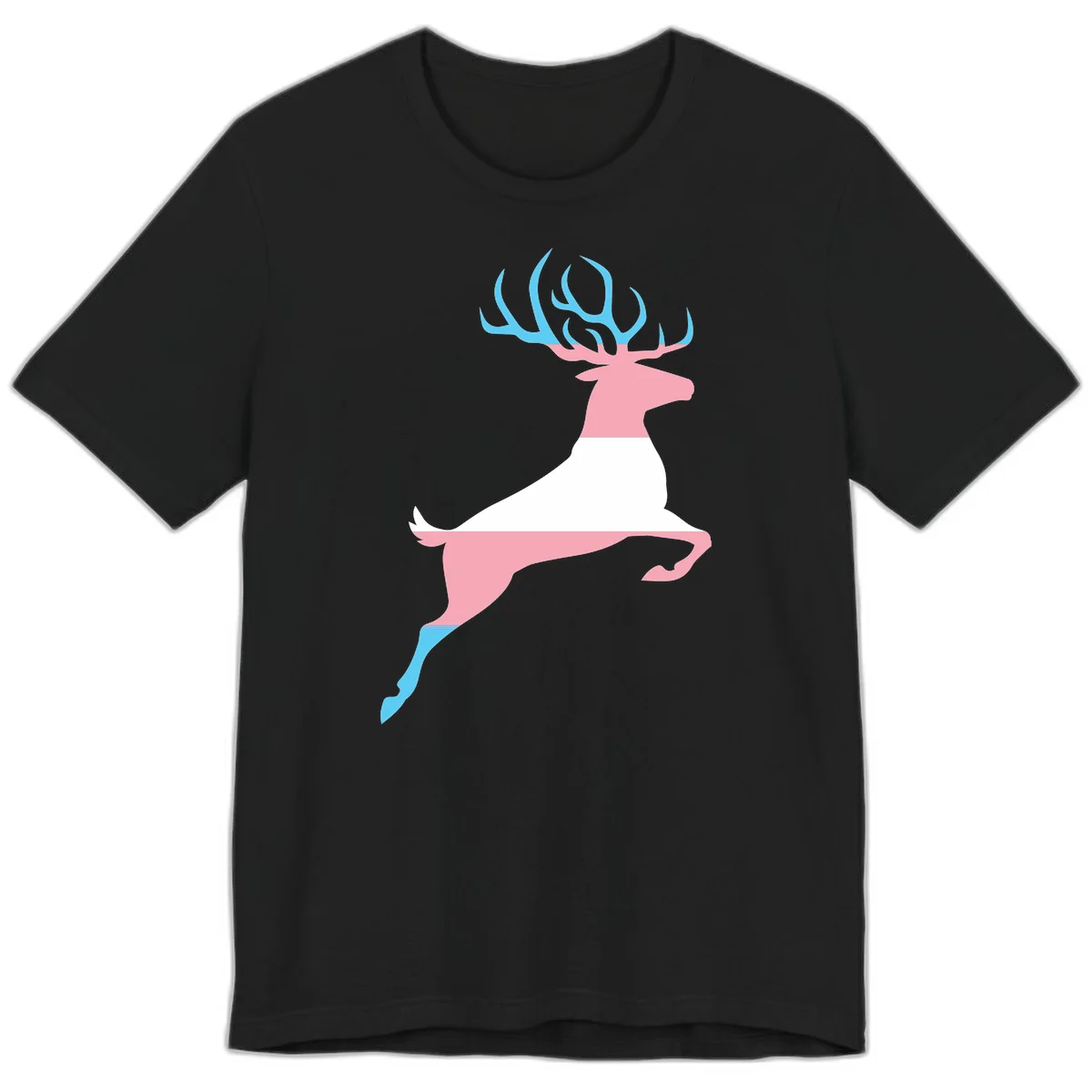 Stylized pink stag with gradient blue antlers leaping against gray background, modern minimalist design in Black