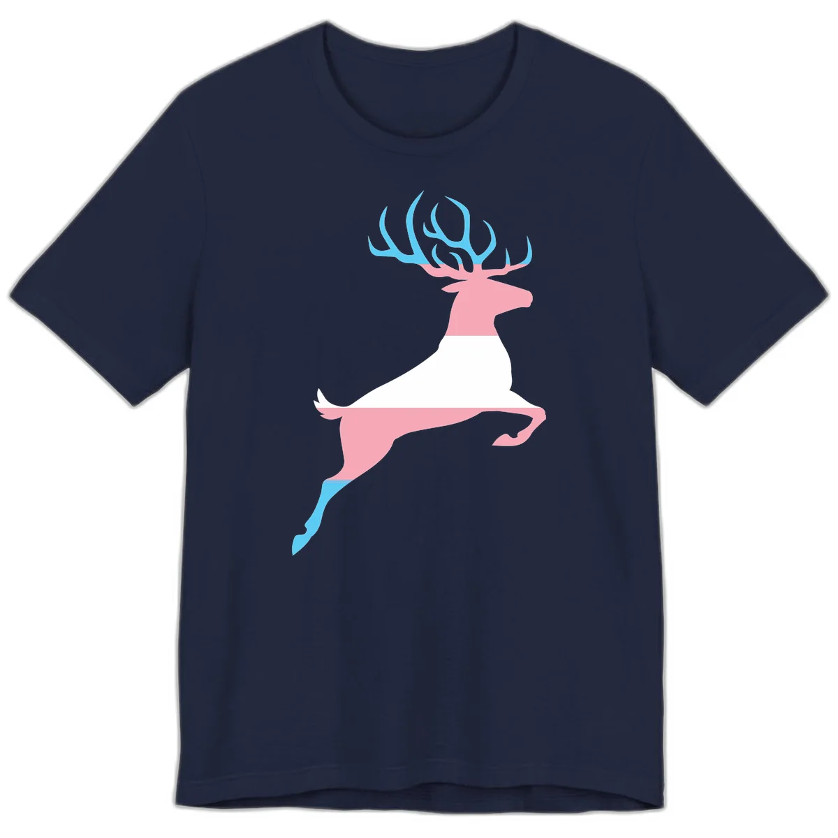 Stylized pink stag with gradient blue antlers leaping against gray background, modern minimalist design in Navy