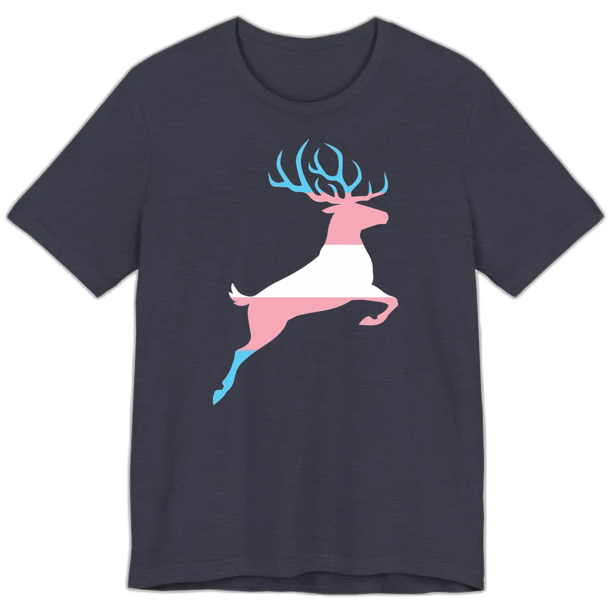 Stylized pink stag with gradient blue antlers leaping against gray background, modern minimalist design in Heather Midnight Navy